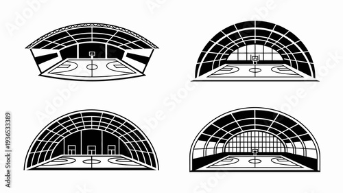 A black and white illustration depicts a stylized basketball court enclosed within a large arched structure shown in varied perspectives high quality professional detailed modern elegant