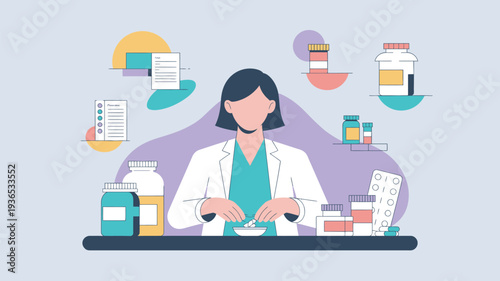 A female pharmacist or chemist working at a counter surrounded by various medicine bottles and documents in a professional setting.