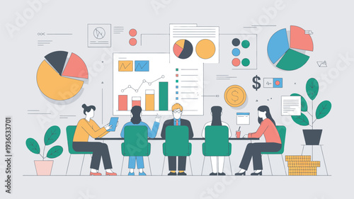A group of business professionals analyzing data and graphs in a meeting room with colorful charts and plants