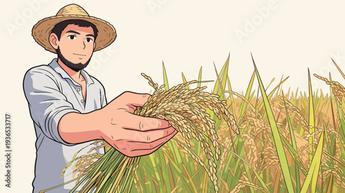 A man stands in a field of rice, holding a bundle of ripe rice in his hand, focusing on the harvest during daylight.