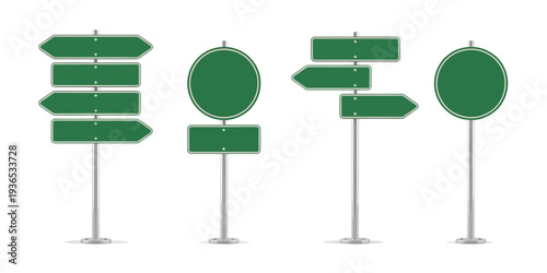Green street signs on metal poles for directional navigation and information purposes  isolated on white