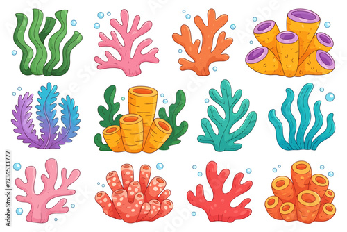 Colorful cartoon coral reef elements with seaweed and bubbles  ocean underwater scene
