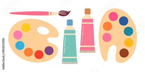 Colorful painting supplies including palettes and tubes of paint on transparent background