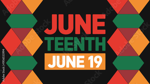 Juneteenth celebration graphic with colorful geometric pattern and text