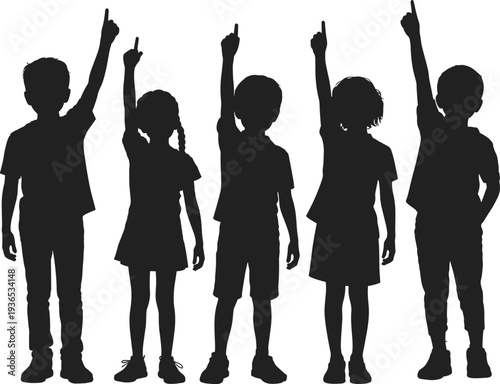 Children Raising Hands Silhouette Set, School Kids Standing and Pointing Up Isolated Education Flat Vector Illustration Collection