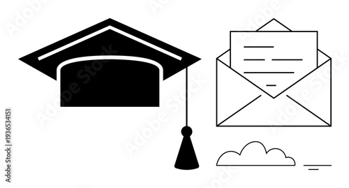 Education concept. Graduation symbols thumbs up cap, envelope, and cloud communication in academic achievements. Education links traditional values and digital progression. For learning tools