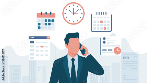 A businessman in a suit talks on his phone with calendars and a clock in the background