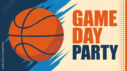 Game day party with basketball and text on colorful background