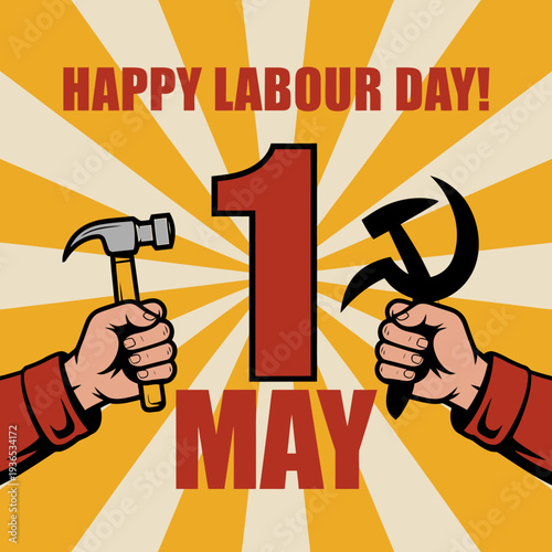 Labour Day celebration with hammer and sickle in hands on sunny background