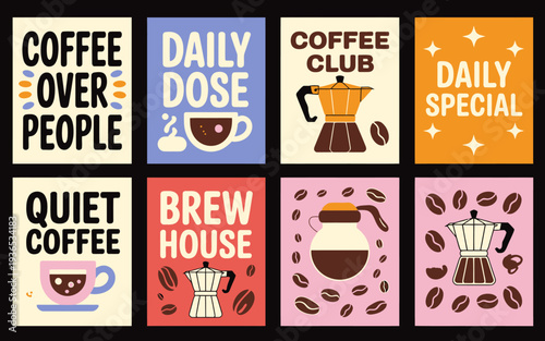 Collection of colorful coffee themed posters and labels with coffee makers and cups