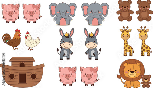 Cute farm and zoo animals cartoon vector illustration set with pig elephant donkey giraffe lion chicken bear and ark