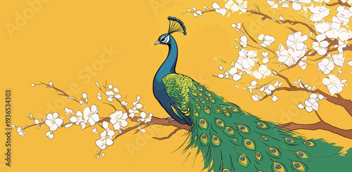 A peacock stands on a tree branch while flowers bloom around it under clear sunlight. Its feathers are colorful and vibrant.