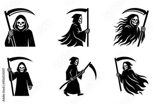 Grim reaper silhouettes set with scythe, spooky death icons