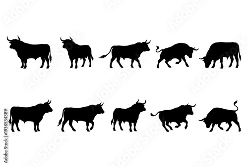 Cattle silhouettes set of cows and bulls walking and standing