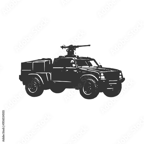 Armored military pickup truck with mounted heavy weapon, strong silhouette design suitable for combat, defense, and battlefield illustrations.