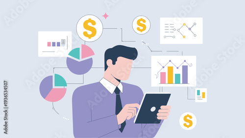 A businessman analyzing financial data on a tablet with various colorful graphs and charts around him.