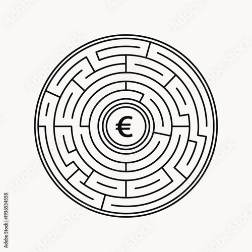 Circular maze with a euro symbol at its center representing financial challenges.