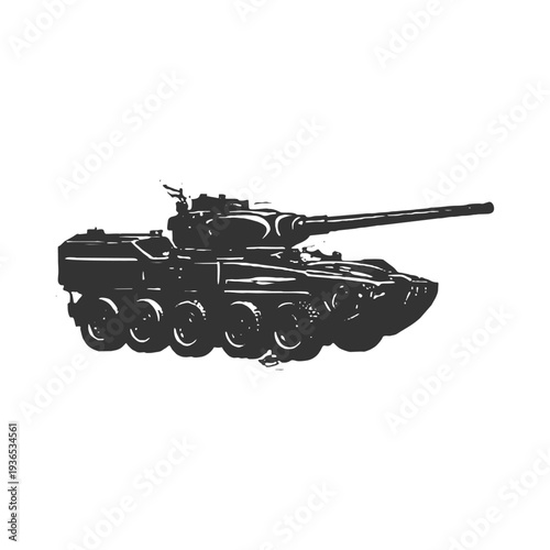 Heavy battle tank with long cannon in strong silhouette style, perfect for military, war, and battlefield themed design projects.