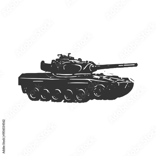 Classic armored tank silhouette with rotating turret and long barrel, ideal for combat scenes, military graphics, and war themed designs.