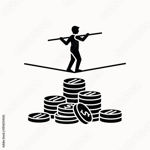 Financial balance tightrope walker with money stacks.