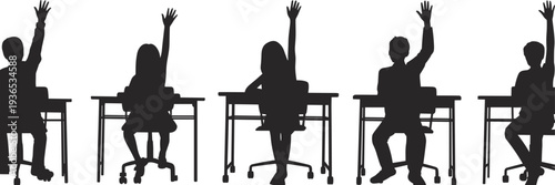 Classroom Students Raising Hands Silhouette Set, School Children Sitting at Desks Education Flat Vector Illustration Collection
