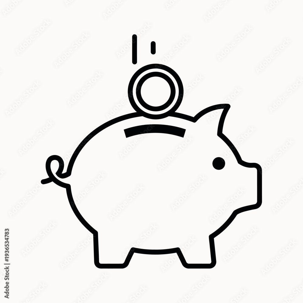 Obraz premium Piggy bank with coin falling into slot line icon.