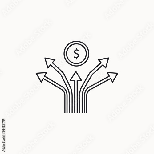 Financial diversification strategy with money coin and multiple arrows.