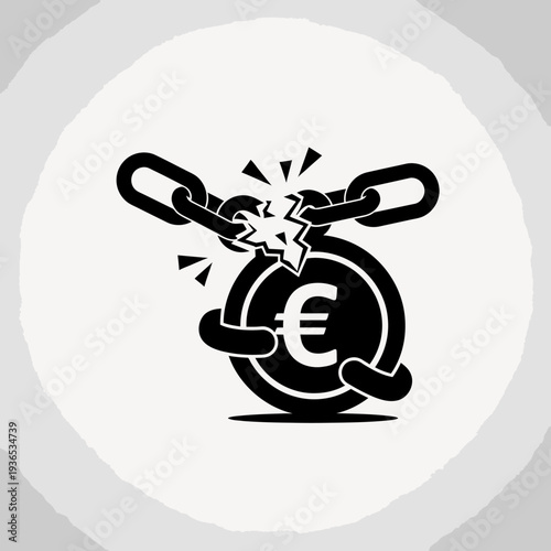 Broken chain with Euro coin symbolizing financial crisis and economic collapse.