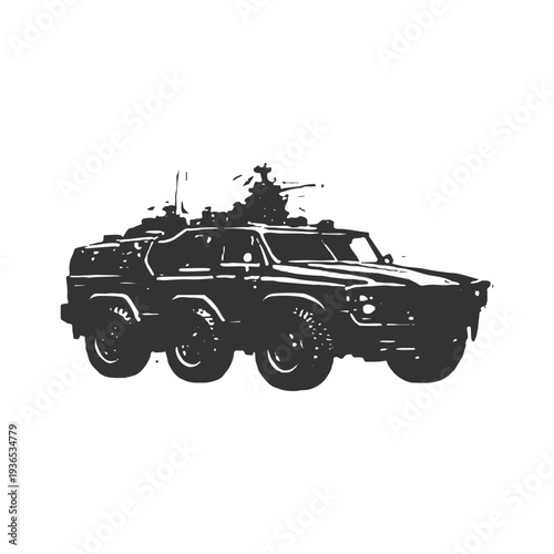 Armored reconnaissance vehicle with mounted weapons in bold silhouette style for military and combat themed graphics.