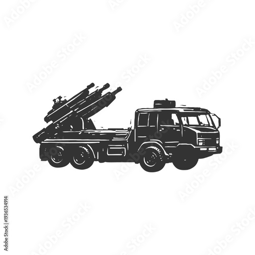 Rocket artillery launcher truck silhouette ready for missile strike, powerful battlefield weapon system illustration.