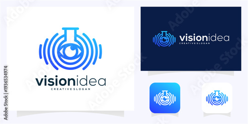 Outline of Eye and Science Flask Erlenmeyer Combination Concept logo design vector icon idea.