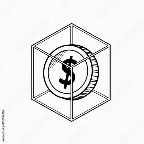 Dollar coin inside a transparent cube representing financial security.