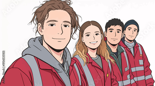 Four workers stand together wearing red jackets and winter hats. They smile while posing in a bright setting.