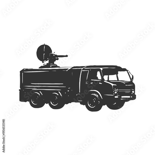 Military radar surveillance truck silhouette designed for battlefield monitoring and defense operations.