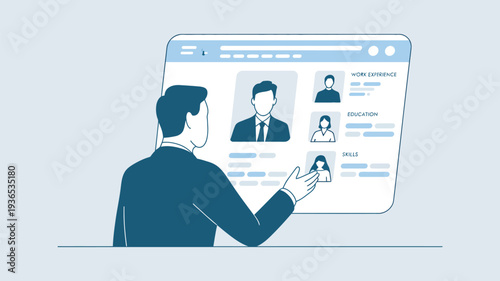 A man in a suit interacts with a large computer screen displaying a job search website with candidate profiles.