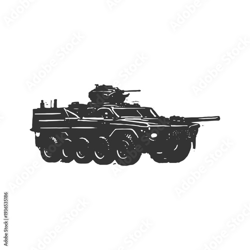 Armored combat vehicle with turret cannon in black silhouette, perfect for war, military, and battlefield design elements.