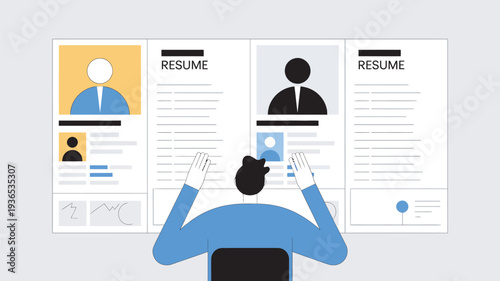 A person sitting in front of multiple resumes on a computer screen with a thoughtful expression