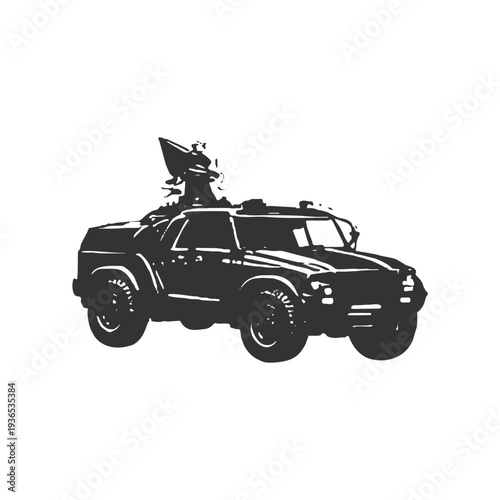 Mobile missile defense vehicle mounted on armored truck, powerful military silhouette for battlefield systems.