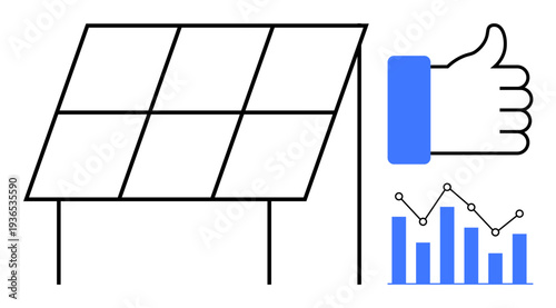 Renewable energy concept. Renewable energy and solar panel efficiency with thumbs-up approval and growth chart. Renewable sources impacting sustainability, business, climate solutions, innovation