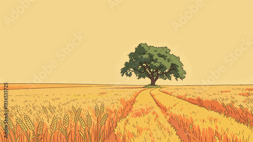 A wheat field stretches under a clear sky. A single tree stands in the center while a dirt path leads through the field.