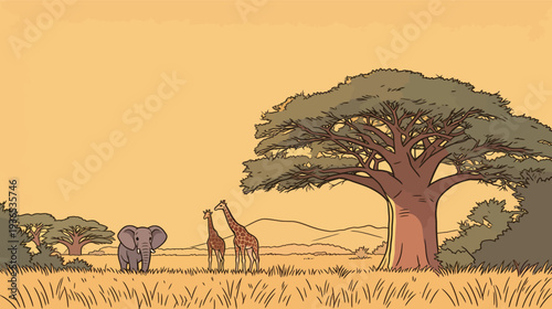 Two giraffes stand next to an elephant in a wide-open savannah with a large tree and distant hills in the background.