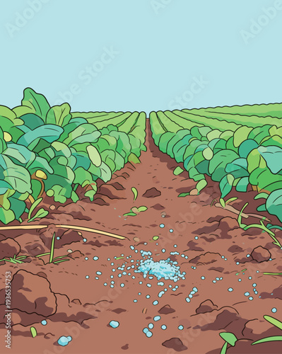 Crops grow in rows with green leaves as water sprays onto the soil. Sunlight brightens the field on a clear day.