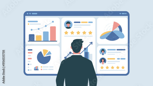 A businessman analyzing data on a large computer screen with various graphs and charts