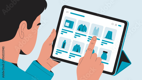 A man shopping online using a tablet with a stylish and modern interface