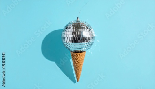 A mirrored disco ball ice cream cone on a vibrant teal background