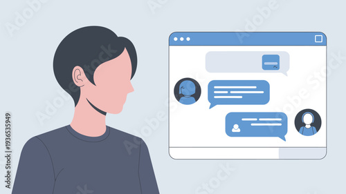 A man engaged in online conversation with a chat window on his screen