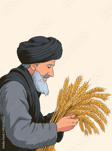 An elderly man with a beard gathers wheat stalks in his hands during harvest time in a rural area. He looks focused and content.