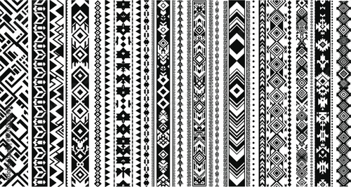 Tribal geometric border collection featuring ethnic seamless patterns, black and white decorative stripe ornaments set isolated on white background vector illustration