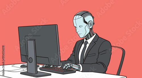 A robot with a suit sits at a desk using a computer. The setting has a bright background and a simple design.