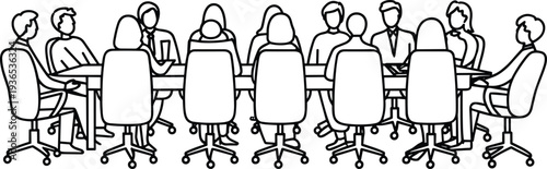 Corporate board meeting line art illustration, business team discussion around conference table in modern office flat vector illustration